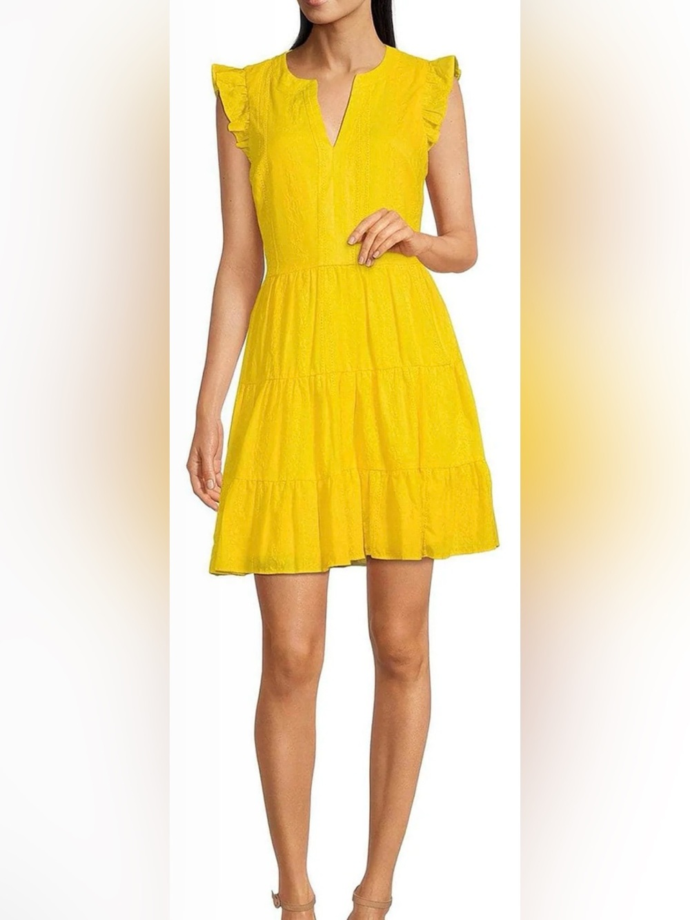 A Loves A Golden Yellow Split V Neck Ruffle Sleeve Tiered Poplin A Line Dress